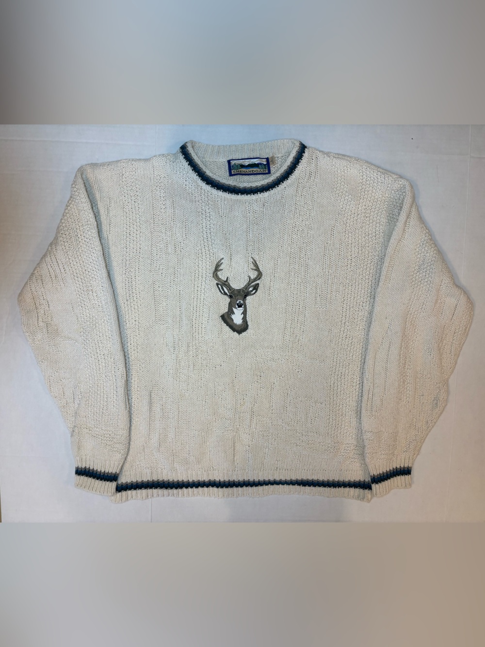 Shenandoah VTG Cream Knit Sweater Embroidered Deer Head 100% Cotton Size L